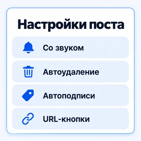 Иллюстрация настроек поста: звук, автоудаление, автоподписи и URL-кнопки